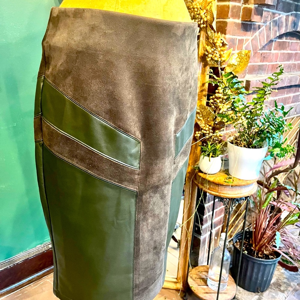 Faux Leather & Suede Green Pencil Skirt
